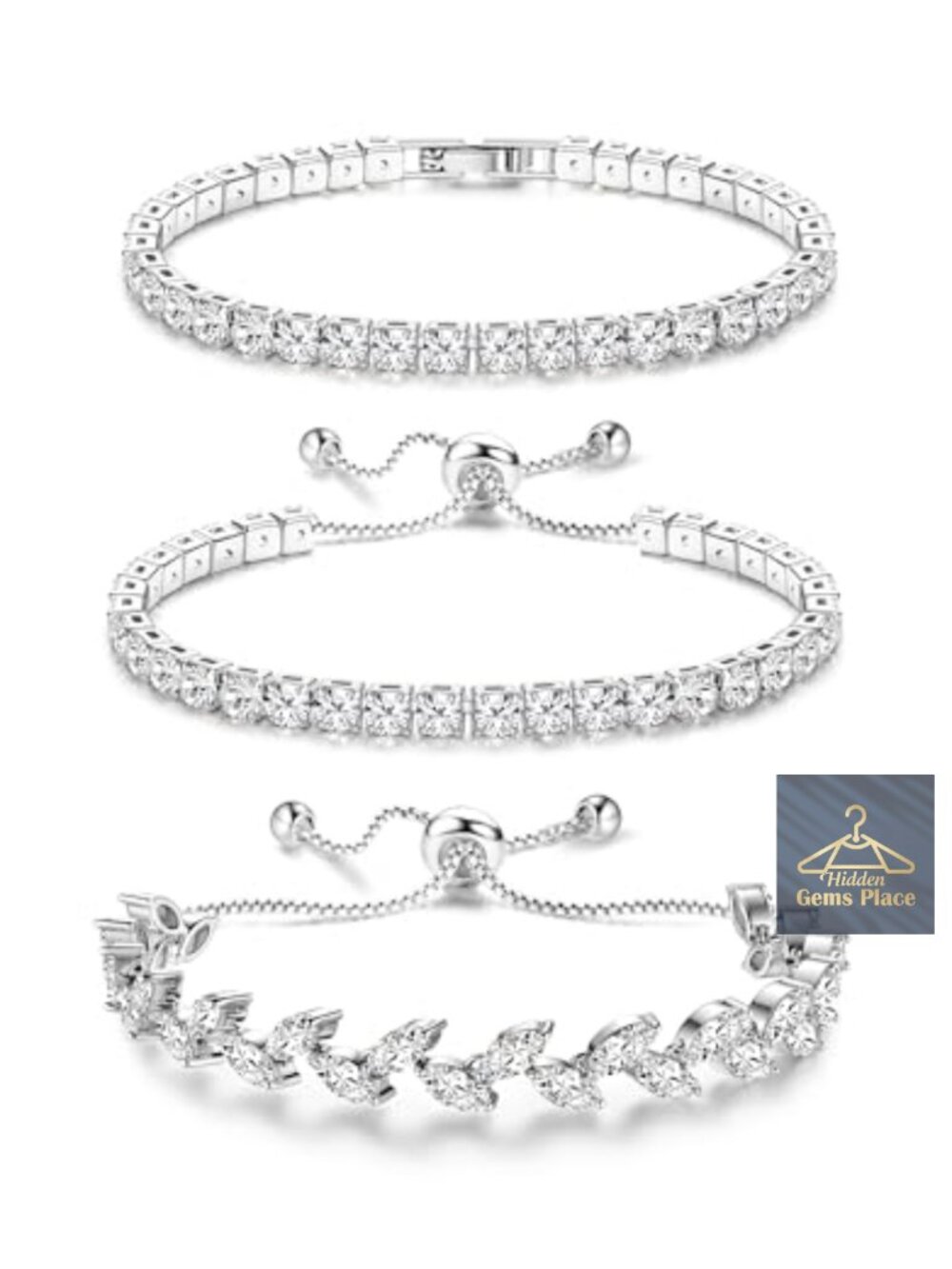 Silver Plated Adjustable CZ Tennis Bracelet Set 3Pcs Slide Clasp